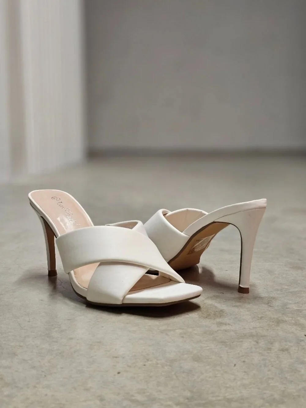 White Cross Strap Stiletto Heel Mules With Square Toe Design For Women